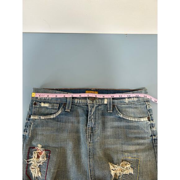 Y2K Vintage Angels Denim skirt size S micro mini distressed embroidered raw hem - Picture 3 of 10